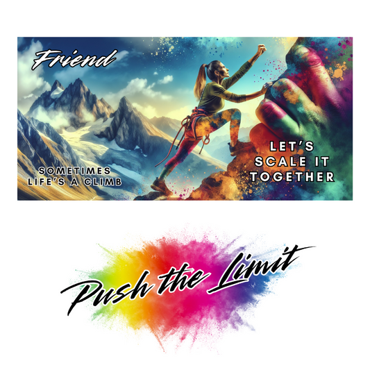 Bare Cards self-sealing Trifold Female friend Support Card featuring a woman mountaineering on an abstract background of rainbow paint splatters and the text "Friend Sometimes Life's a climb. Let's Scale it together".  Image also shows Bare Cards "Push the Limit" Logo.