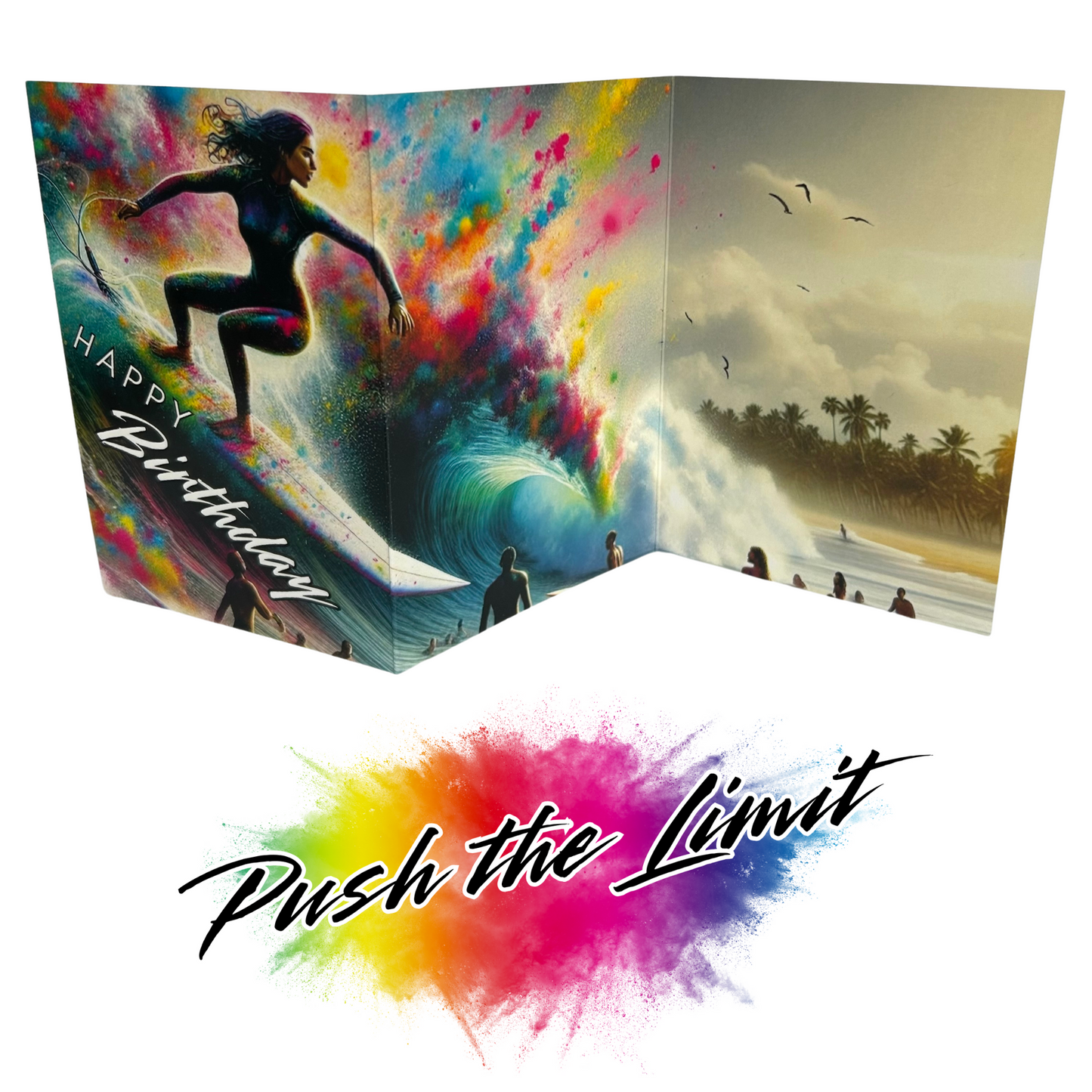 Main product image shows all three leaves of the trifold birthday card for Female Surfer. The first two leaves of the card show a woman in a wet suit riding a large and multicoloured wave with her hair flying out behind her whilst other surfers watch on, on a beach background with palm trees that is shown on the right hand leaf. The caption on the card reads 'Happy Birthday'. Beneath this is the Push the Limit logo with the words displayed on a multicoloured paint splatter.