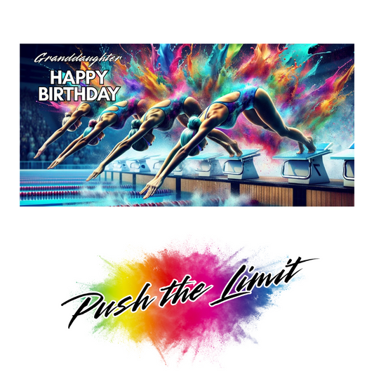 Trifold swimming birthday card for granddaughter featuring four women diving into a pool with rainbow splashes on a vibrant background; no envelope needed, eco-friendly design. Image also shows Bare Cards "Push the Limit" Logo.