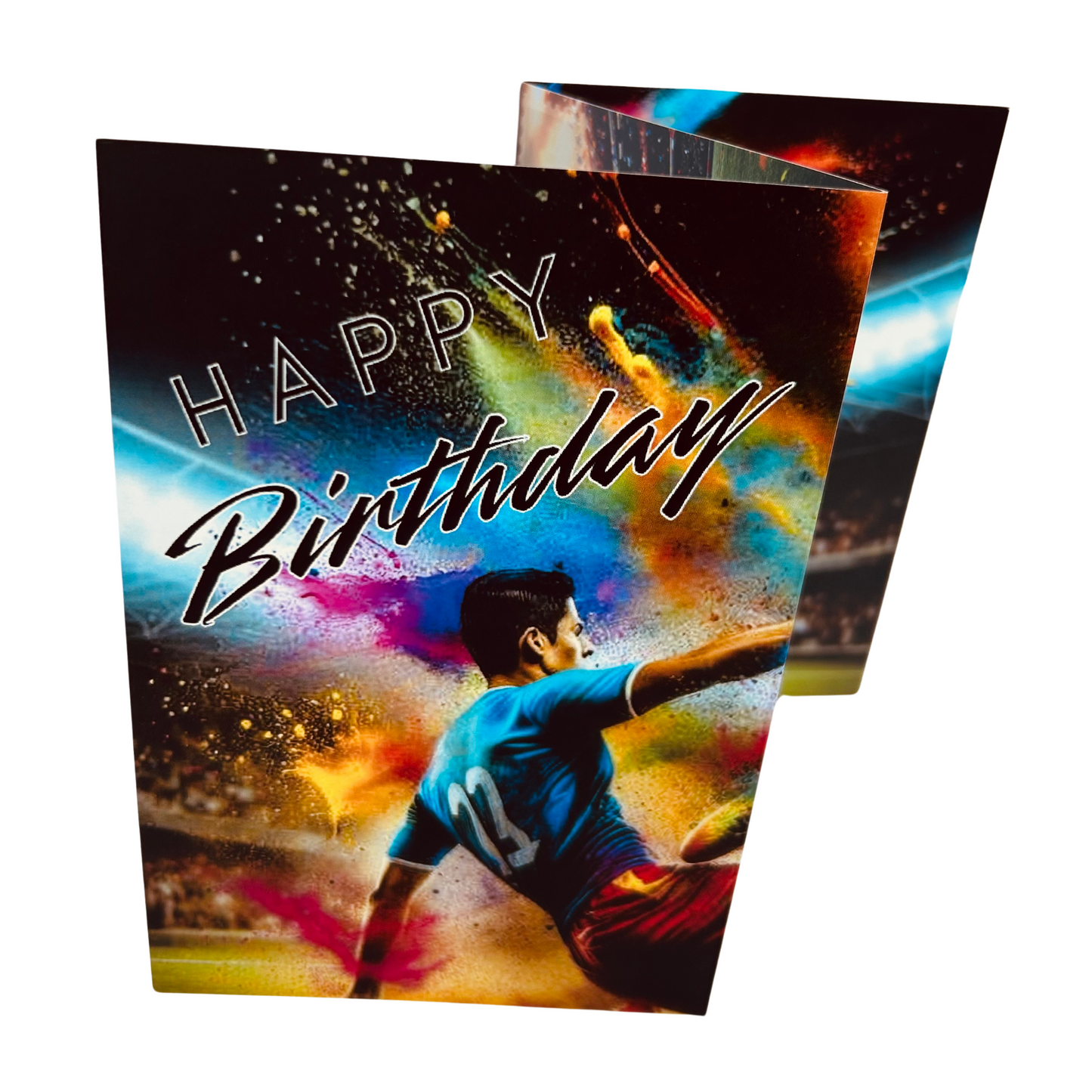 Trifold Football Birthday Card from the Push the Limit Range. Image shows the folded card depicting front with a man in blue shirt and red shorts sliding in for a tackle in a football stadium and a background of colouful paint splatters. The caption reads 'Happy Birthday'.