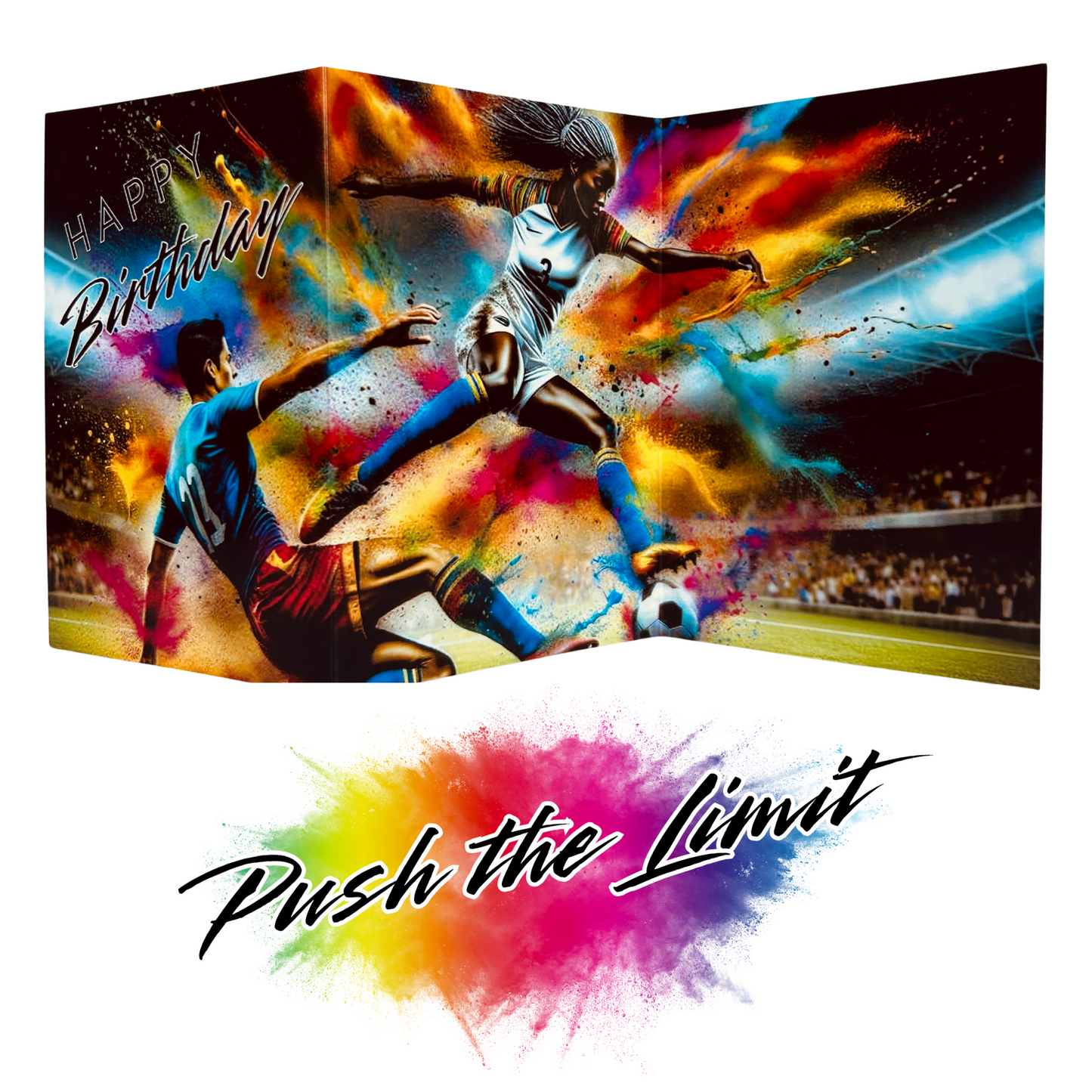 Main product image shows all three leaves of the trifold birthday card for female footballer. Card shows a male footballer in a blue shirt with red shorts sliding in for a tackle whilst a female footballer in a white kit and gold boots goes to shoot the ball, all on a background of colourful paint splatters. The caption on the card reads 'Happy Birthday'. Beneath this is the Push the Limit logo with the words displayed on a multicoloured paint splatter.