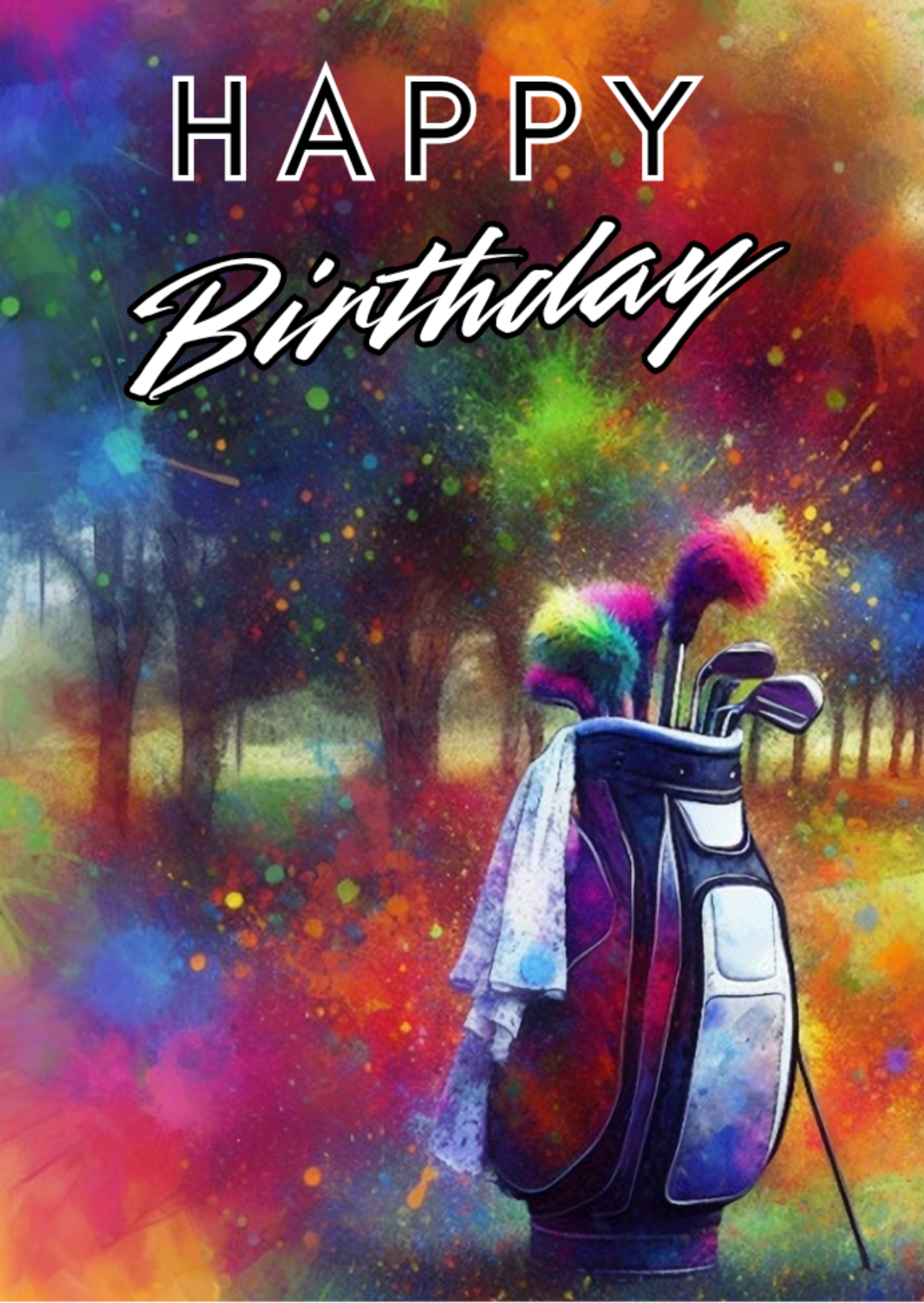 Trifold Female Golfer Birthday Card from the Push the Limit Range. Image shows the front page of the card with golf bag off to the left with multicoloured club tops on a background of colourful paint splatters and trees. The caption reads 'Happy Birthday'.