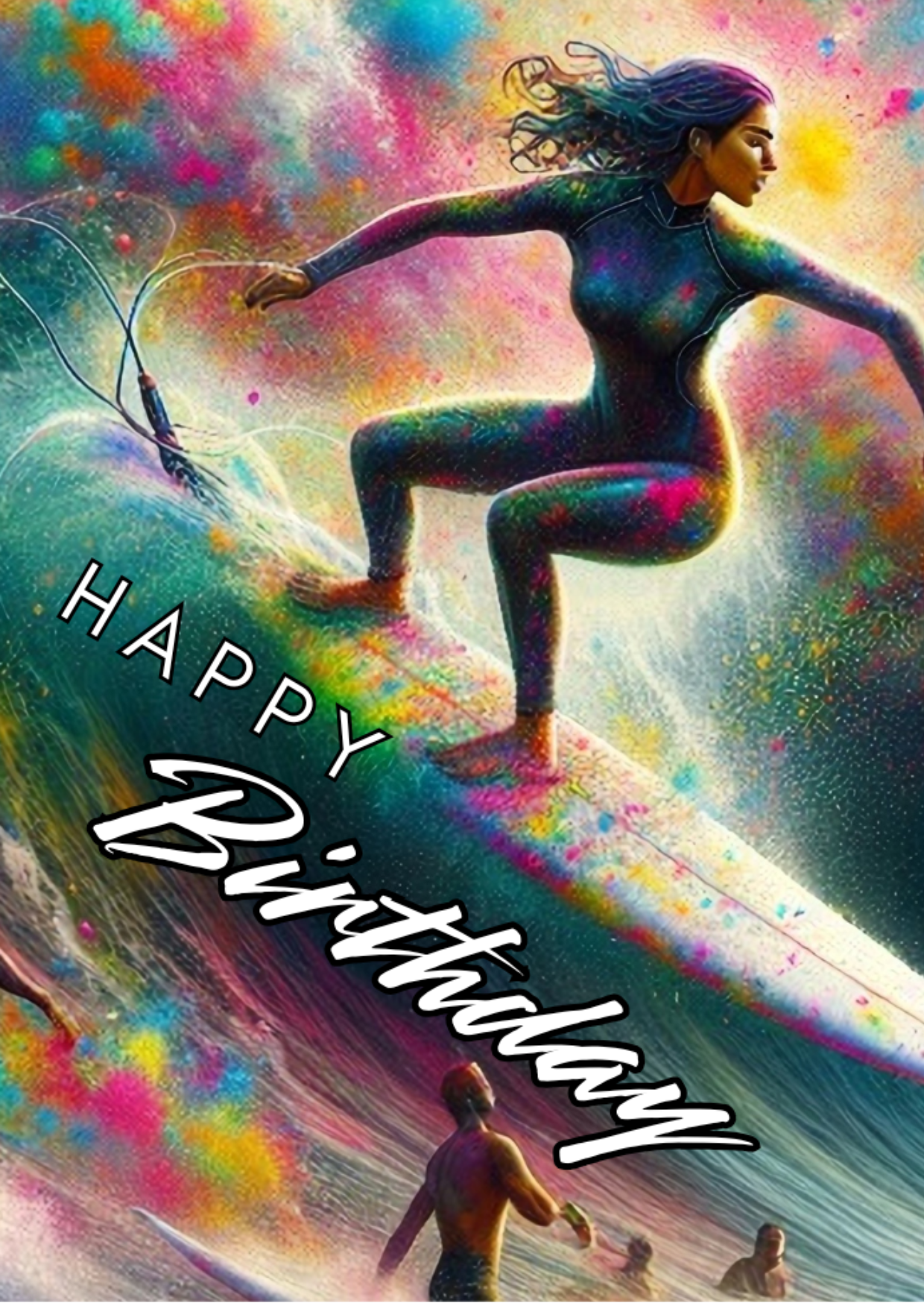 Trifold Female Surfer Birthday Card from the Push the Limit Range. Image shows the front page of the card with female surfer riding a large wave on a background of colourful paint splatters whilst other surfer watch on. The caption reads 'Happy Birthday'.