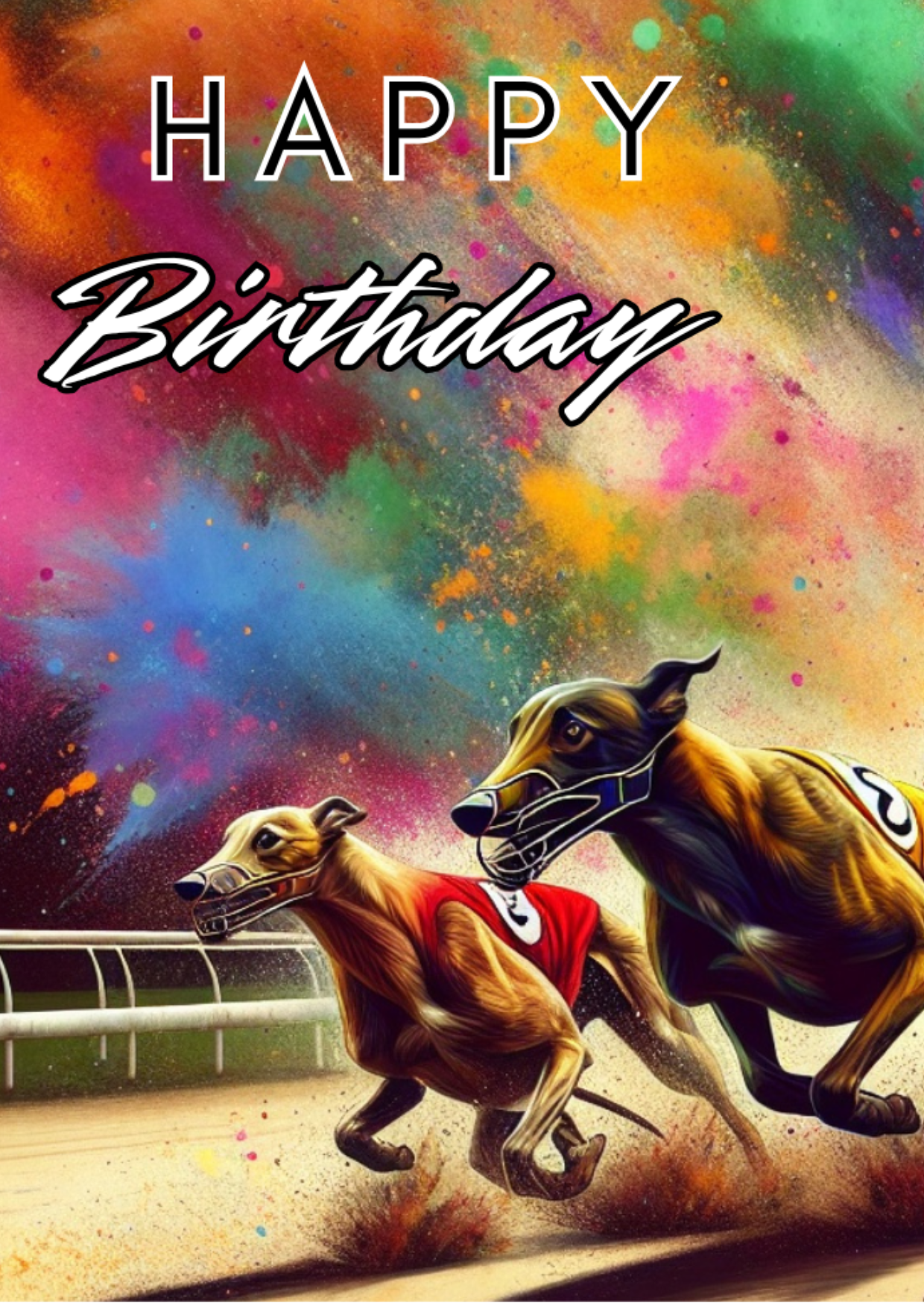 Trifold Greyhound Racing Birthday Card from the Push the Limit Range. Image shows the front page of the card with two racing greyhounds speeding down the track on a background of colourful paint splatters. The caption reads 'Happy Birthday'.