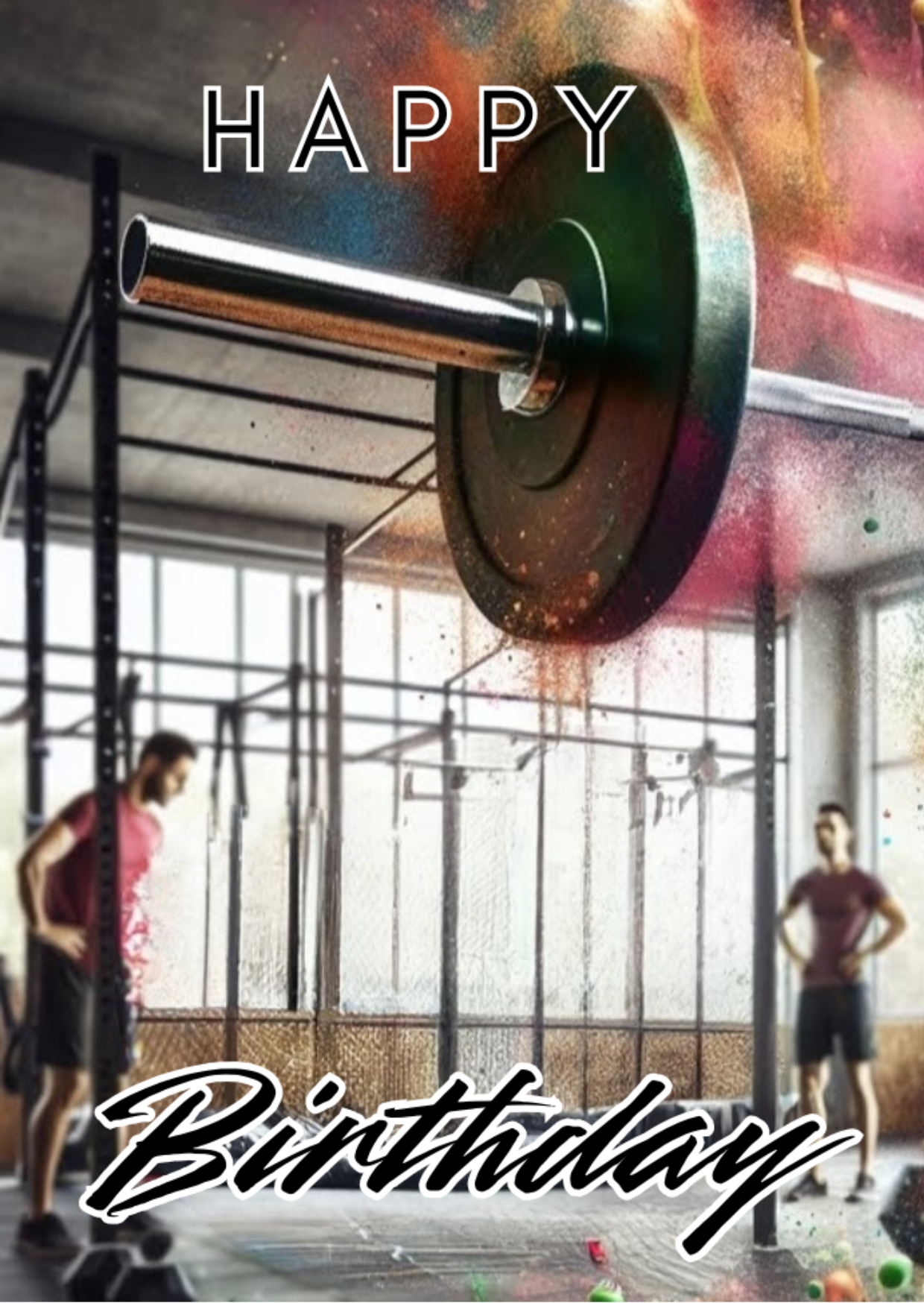 Trifold Male Gym Birthday Card from the Push the Limit Range. Image shows the front page of the card at the gym with two males stood and a bar bell coming in from the right on a background of colourful paint splatters. The caption reads 'Happy Birthday'.