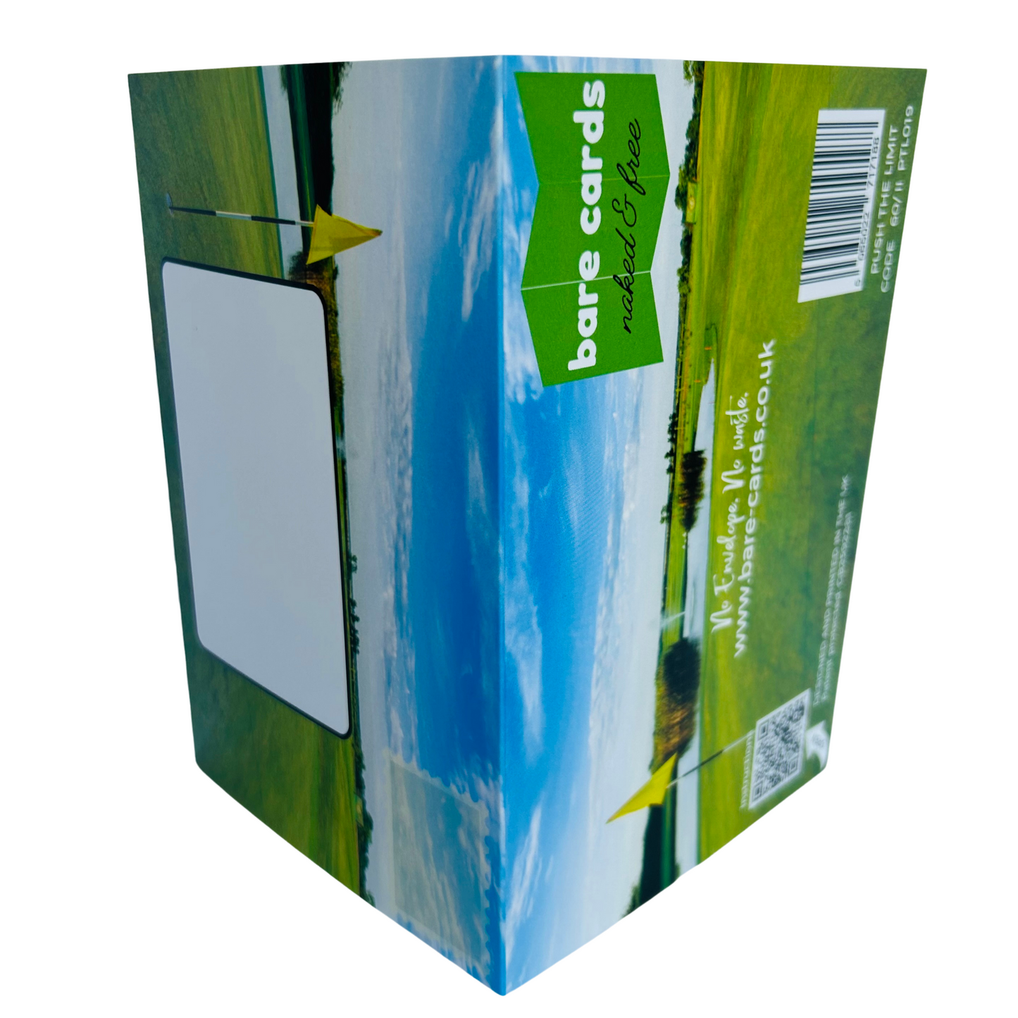 Trifold Golf Birthday Card from the Push the Limit Range. Image shows the two posting covers. The front posting cover to the left shows an image of a golf course and has place to write the name and address of the recipient and an image to show where to put a stamp if needed. The back posting cover also shows the same image and has the Bare Cards logo and tagline 'Naked and Free'. It also contains the barcode, website address, QR code for instructions, Patent Number and Retail Codes