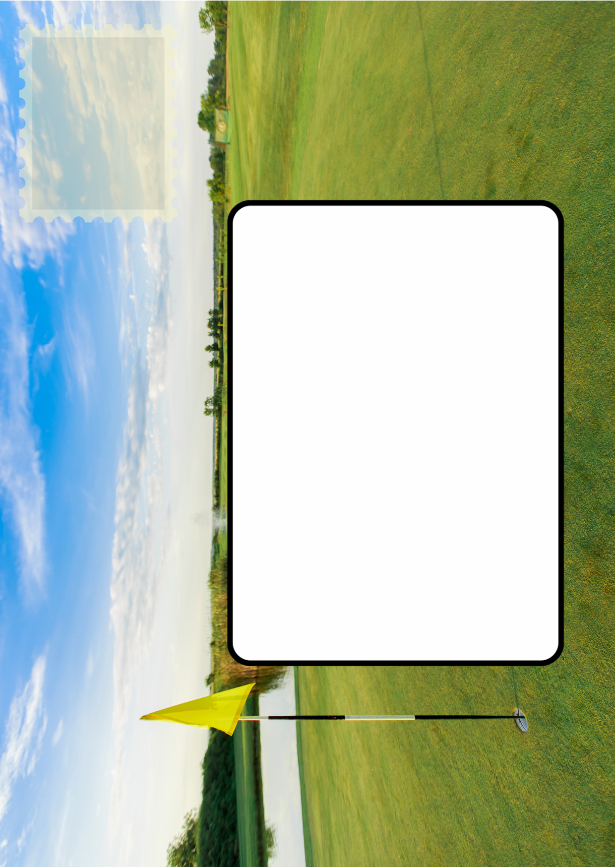 Image shows the front posting cover for the Bare Cards Push the Limit Tri-fold Golf Birthday Cards. There is a clear white rectangle for the purchaser to write the name or address of the recipient and an image to affix the stamp to. This is on a full colour image of a golf course.