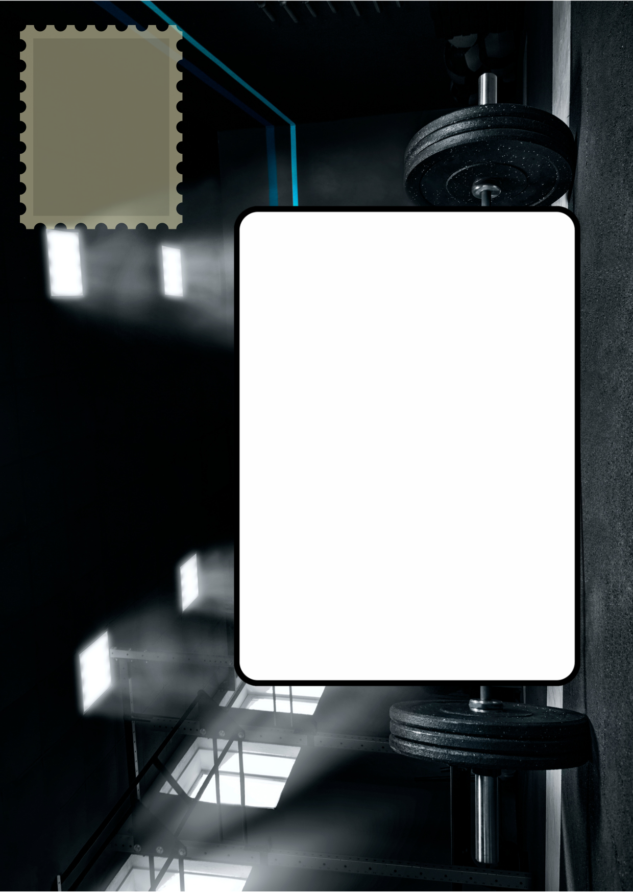 Image shows the front posting cover for the Bare Cards Push the Limit Tri-fold gym Birthday Cards. There is a clear white rectangle for the purchaser to write the name or address of the recipient and an image to affix the stamp to. This is on a full colour image of a gym.