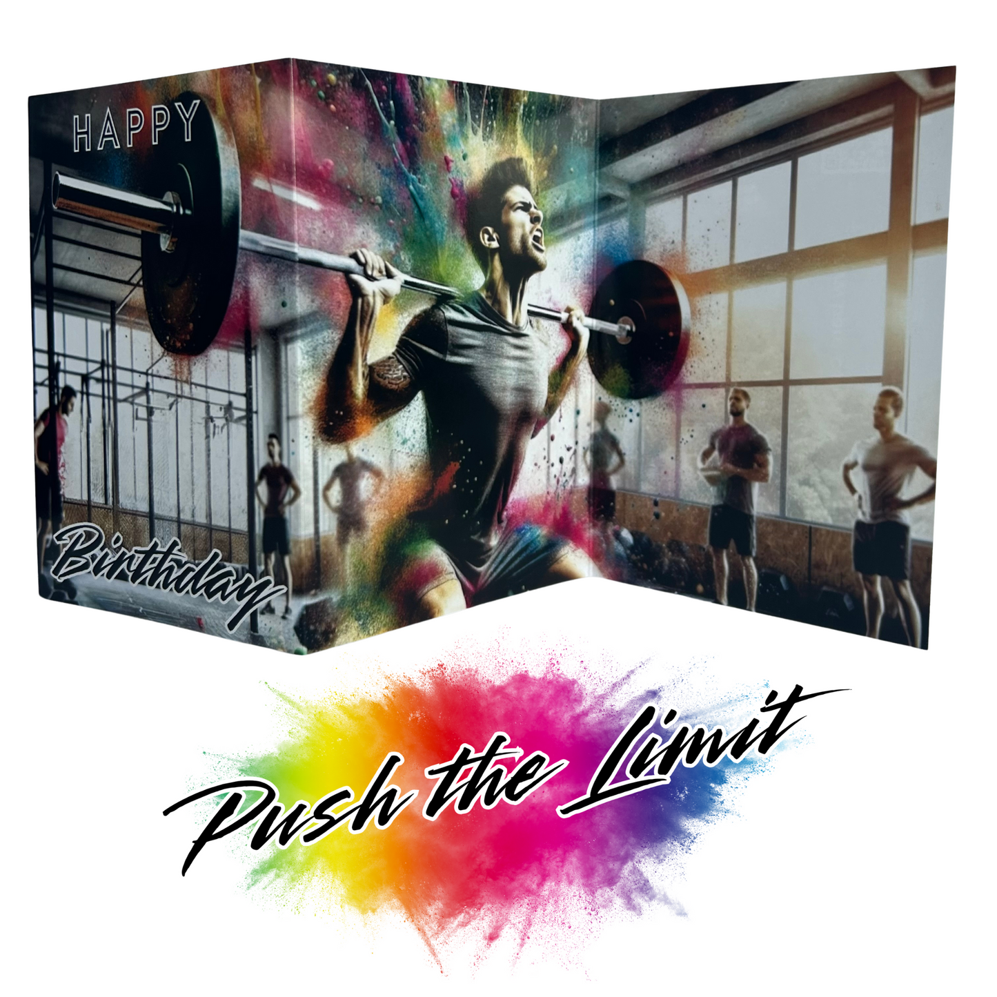 Main product image shows all three leaves of the trifold birthday card for Male Gym. Card shows a background of a warehouse style gym with six men in the background all watching the main man who is in gym gear lifting a heavy barbell with an explosion of colourful paint splatters emerging from behind him. His face shows determination and strain. The caption on the card reads 'Happy Birthday'. Beneath this is the Push the Limit logo with the words displayed on a multicoloured paint splatter.