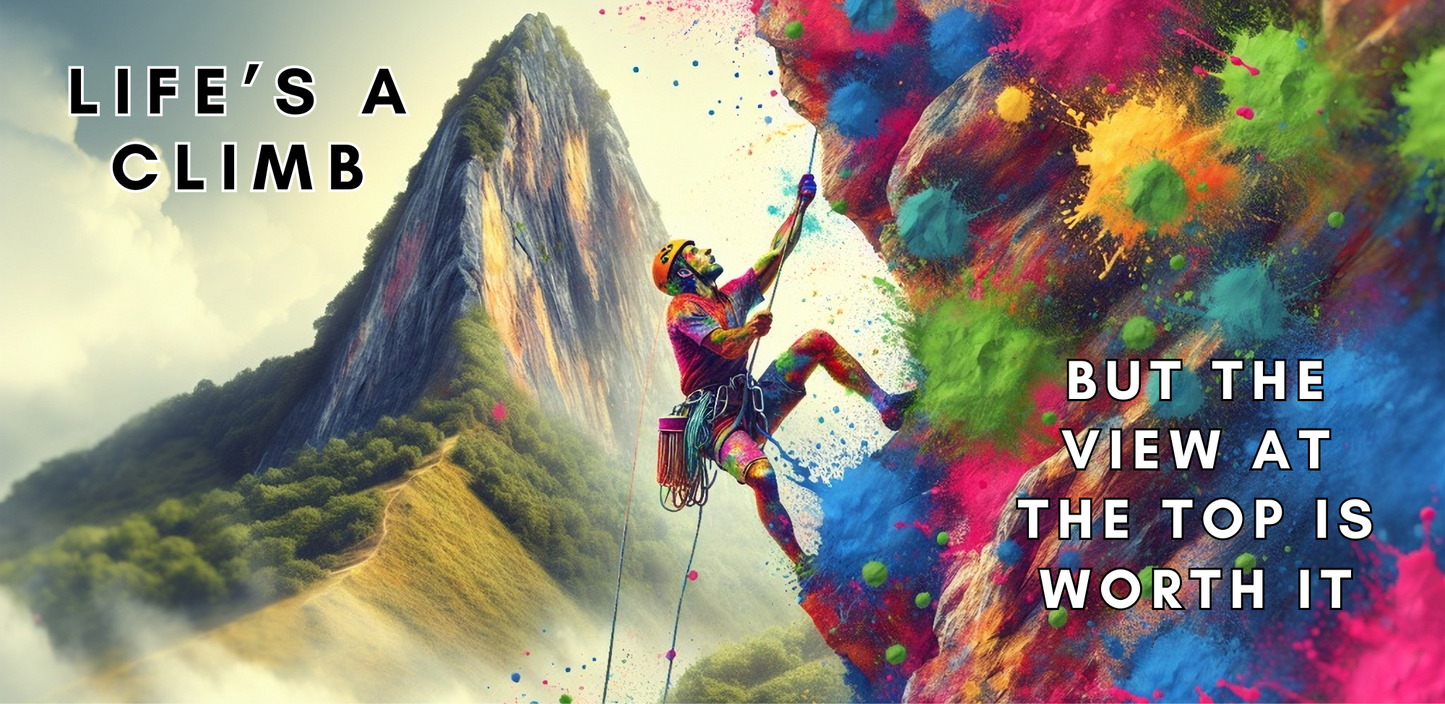 Bare Cards self-sealing Trifold Male Support Card featuring a man mountaineering on a background of rainbow paint splatters and the text "Life's a climb but the view at the top is worth it".
