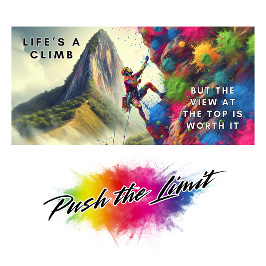 Bare Cards self-sealing Trifold Male Support Card featuring a man mountaineering on a background of rainbow paint splatters and the text "Life's a climb but the view at the top is worth it".  Image also shows Bare Cards "Push the Limit" Logo.