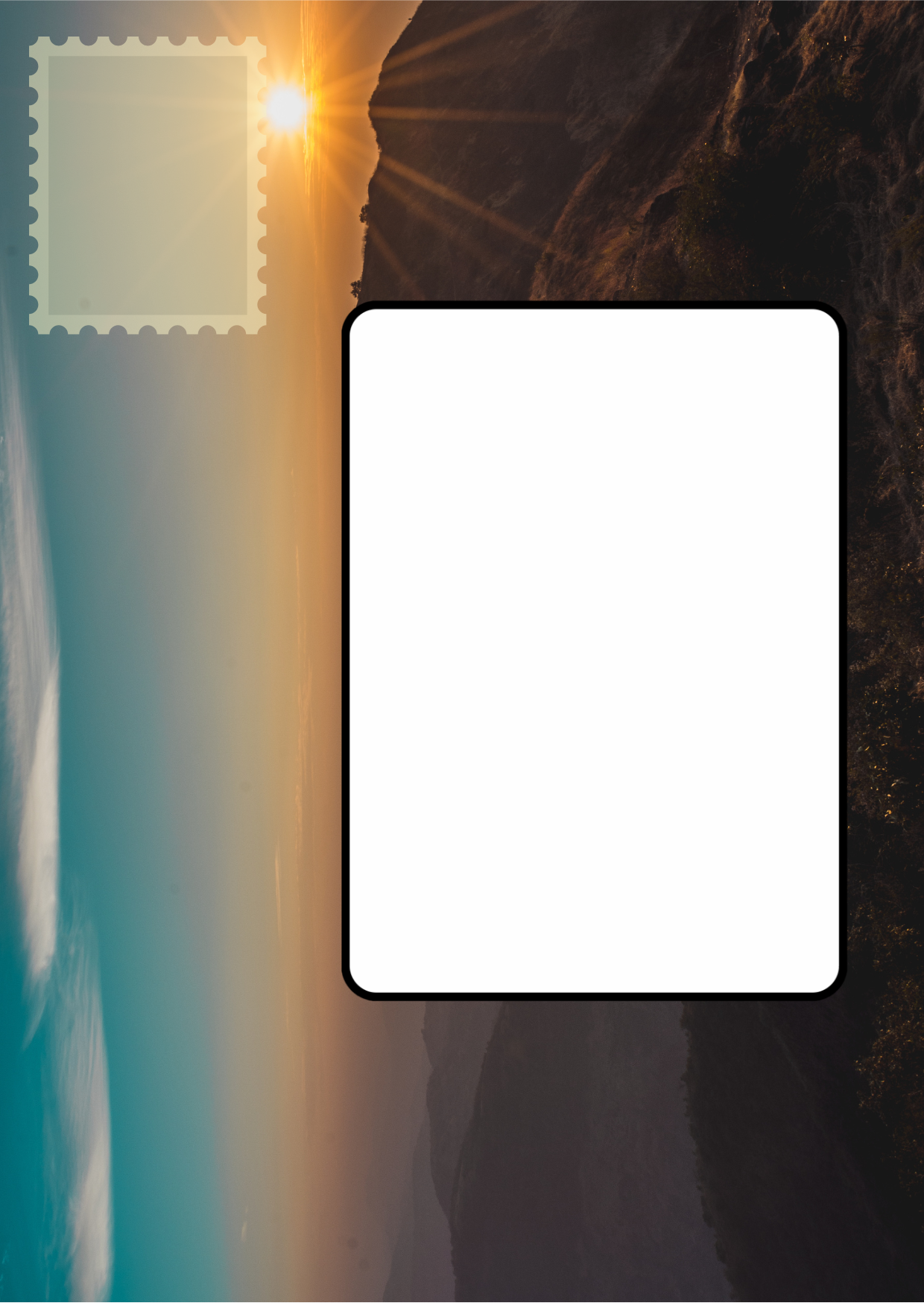Image shows the front posting cover for the Bare Cards Push the Limit Tri-fold Outdoor Sports Birthday Cards. There is a clear white rectangle for the purchaser to write the name or address of the recipient and an image to affix the stamp to. This is on a full colour image of a sunset mountain scene.