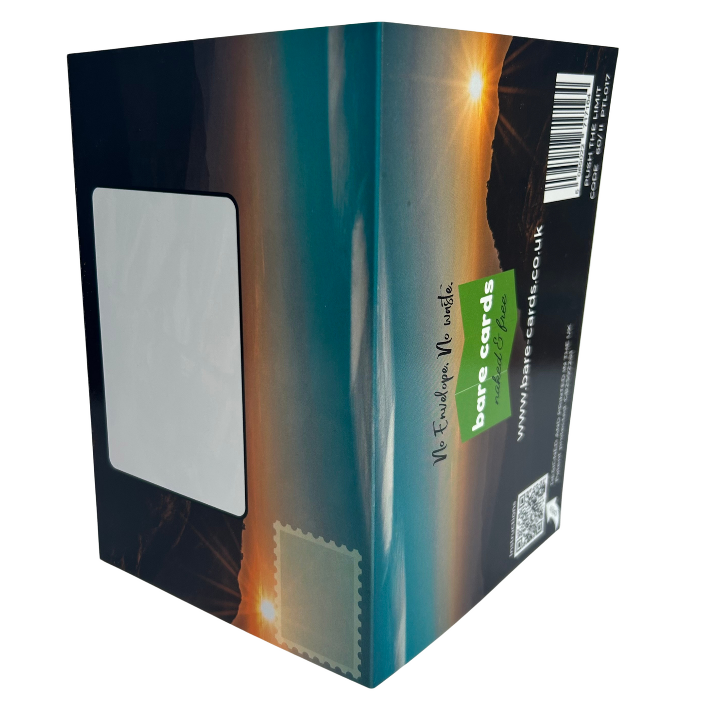 Trifold Outdoor Sports Birthday Card from the Push the Limit Range. Image shows the two posting covers. The front posting cover to the left shows an image of a sunset mountain scene and has place to write the name and address of the recipient and an image to show where to put a stamp if needed. The back posting cover also shows the same image and has the Bare Cards logo and tagline 'Naked and Free'. It also contains the barcode, website address, QR code for instructions, Patent Number and Retail Codes