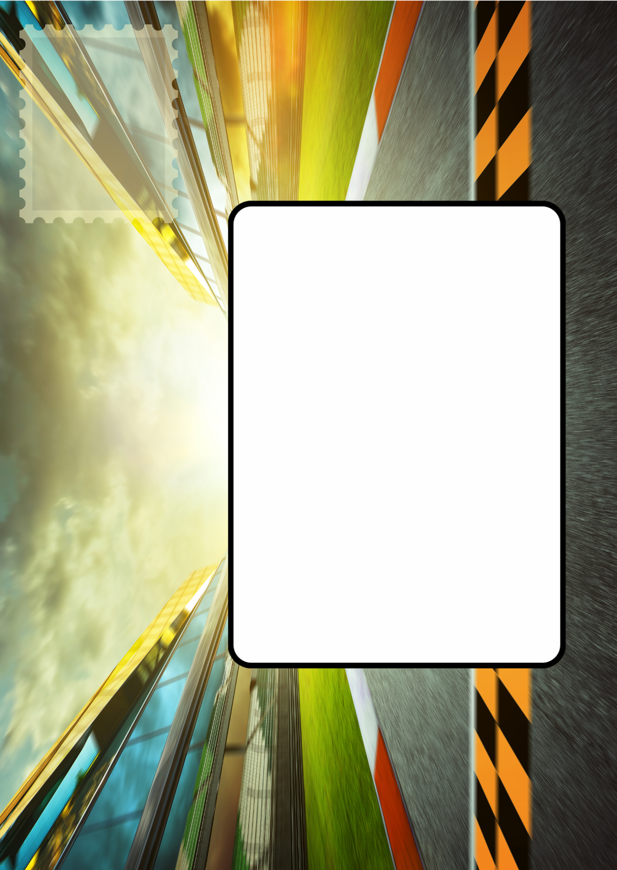 Image shows the front posting cover for the Bare Cards Push the Limit Tri-fold Race Track Birthday Cards. There is a clear white rectangle for the purchaser to write the name or address of the recipient and an image to affix the stamp to. This is on a full colour image of a Grand Prix Race Track showing the stadium and finish line.