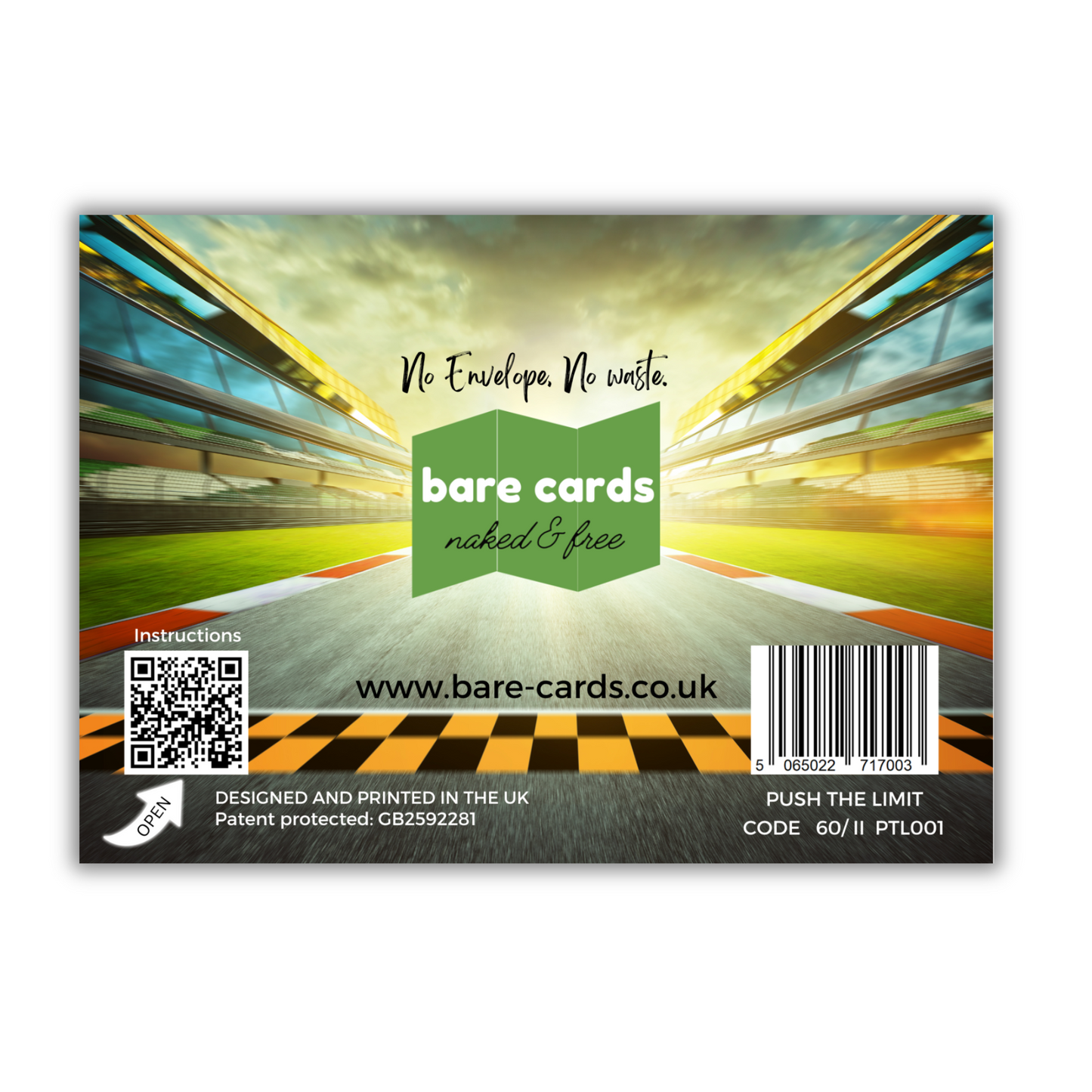 Trifold Racing Cars Birthday Card from the Push the Limit Range. Image shows the back posting cover which depicts a Formula one track and has the Bare Cards logo and tagline 'Naked and Free'. It also contains the barcode, website address, QR code for instructions, Patent Number, Retail Codes 60/II and SKU
