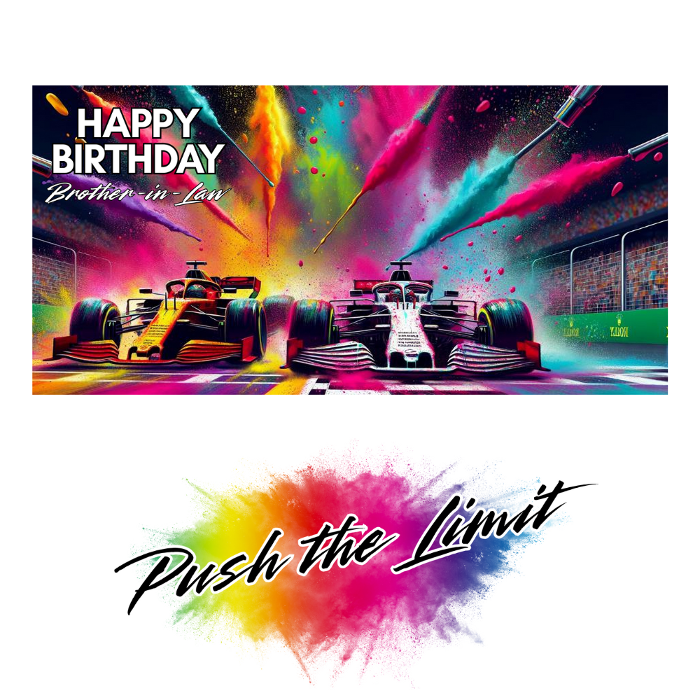 Colorful birthday card with racing cars and 'Happy Birthday Brother-in-Law' text.