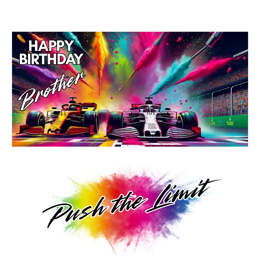 Colorful birthday card with racing cars and 'Happy Birthday Brother' text on a white background.
