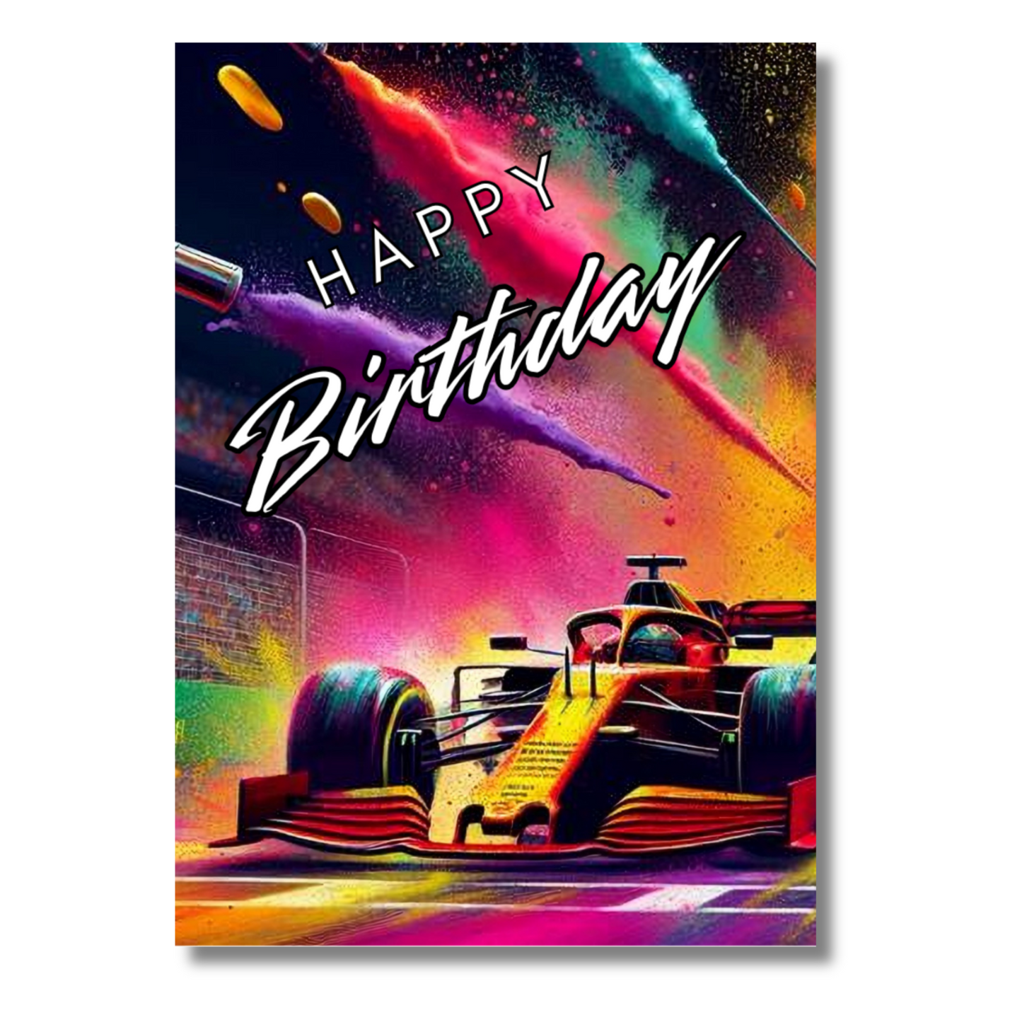 Trifold Racing Cars Birthday Card from the Push the Limit Range. Image shows the front page of the card with a yellow Formula One racing car speeding to cross the finish line with colouful paint splatters emerging from the edges of the card and caption reads 'Happy Birthday'.