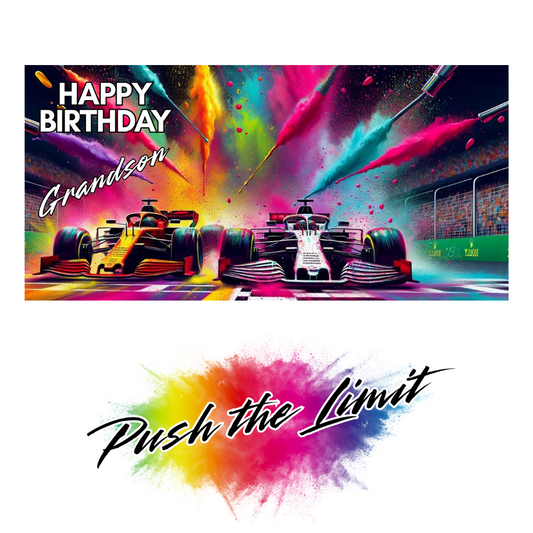 Colorful birthday card with racing cars and 'Happy Birthday Grandson' text on a white background.