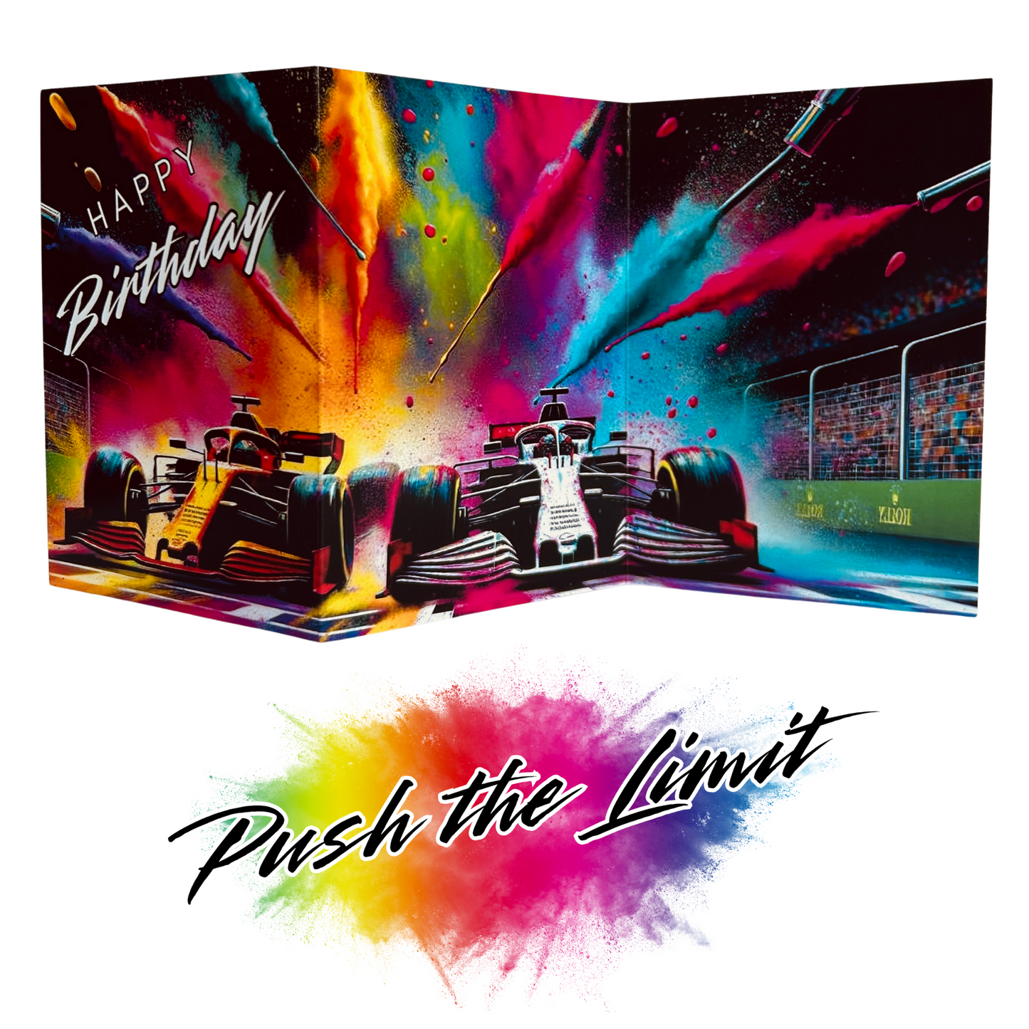 Trifold Racing Cars Birthday Card from the Push the Limit Range. Image shows two Formula One racing cars speeding to cross the finish line with colouful paint splatters emerging from the edges of the card and caption reads 'Happy Birthday'.