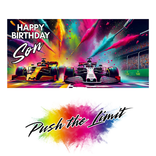 Colorful birthday card with racing cars and 'Happy Birthday Son' text on a white background.