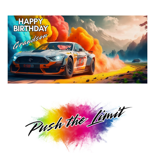 Grandson Birthday card with a rally racing car and colorful smoke on a scenic background