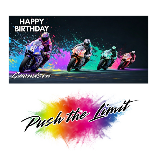 Birthday card with motorcyclists and colorful splashes, featuring the text 'Happy Birthday Grandson Push the Limit'.
