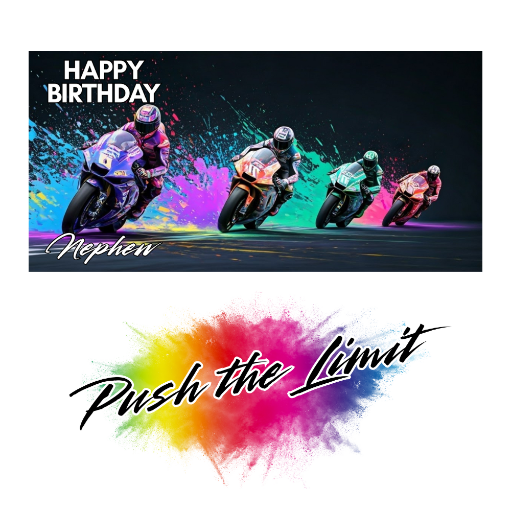 Birthday card with motorcyclists and colorful splashes, featuring the text 'Happy Birthday Nephew' and 'Push the Limit'.