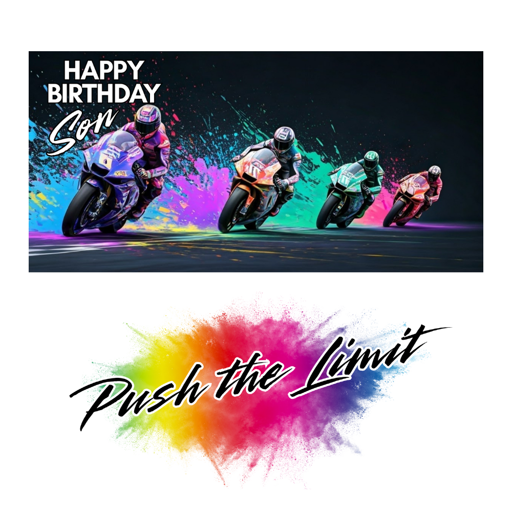 Birthday card with motorcyclists racing on a colorful background and 'Happy Birthday Son' text.