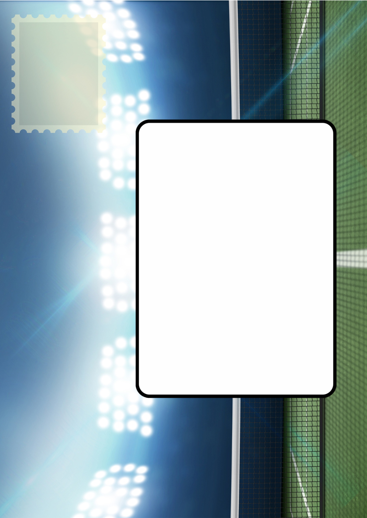 Image shows the front posting cover for the Bare Cards Push the Limit Tri-fold Tennis Birthday Cards. There is a clear white rectangle for the purchaser to write the name or address of the recipient and an image to affix the stamp to. This is on a full colour image of a tennis court.
