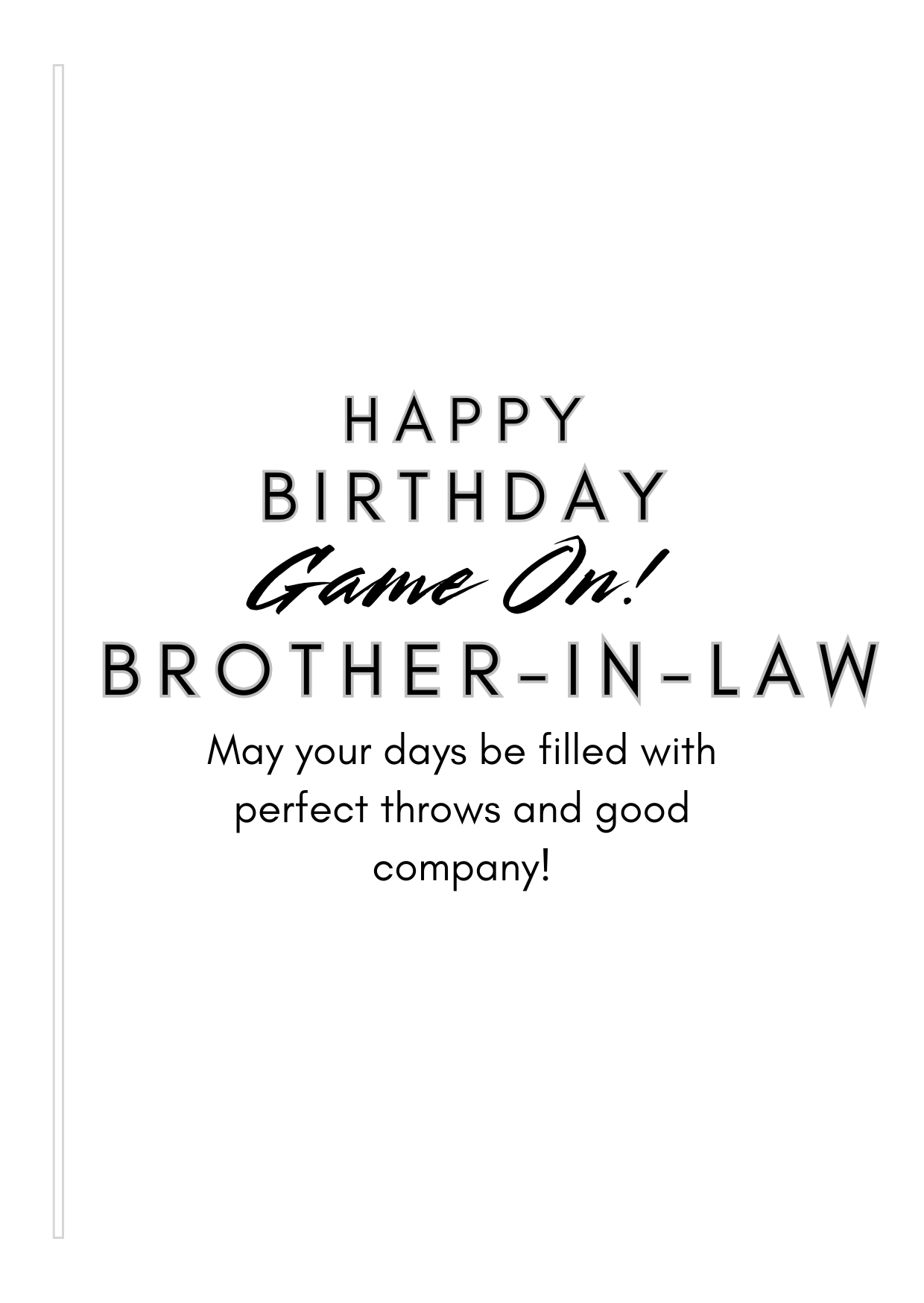 Bare Cards Darts Birthday card Insert Verse with the text "Happy Birthday. Game ON! Brother-in-Law. May your days be filled with perfect throws and good company!" on a white background
