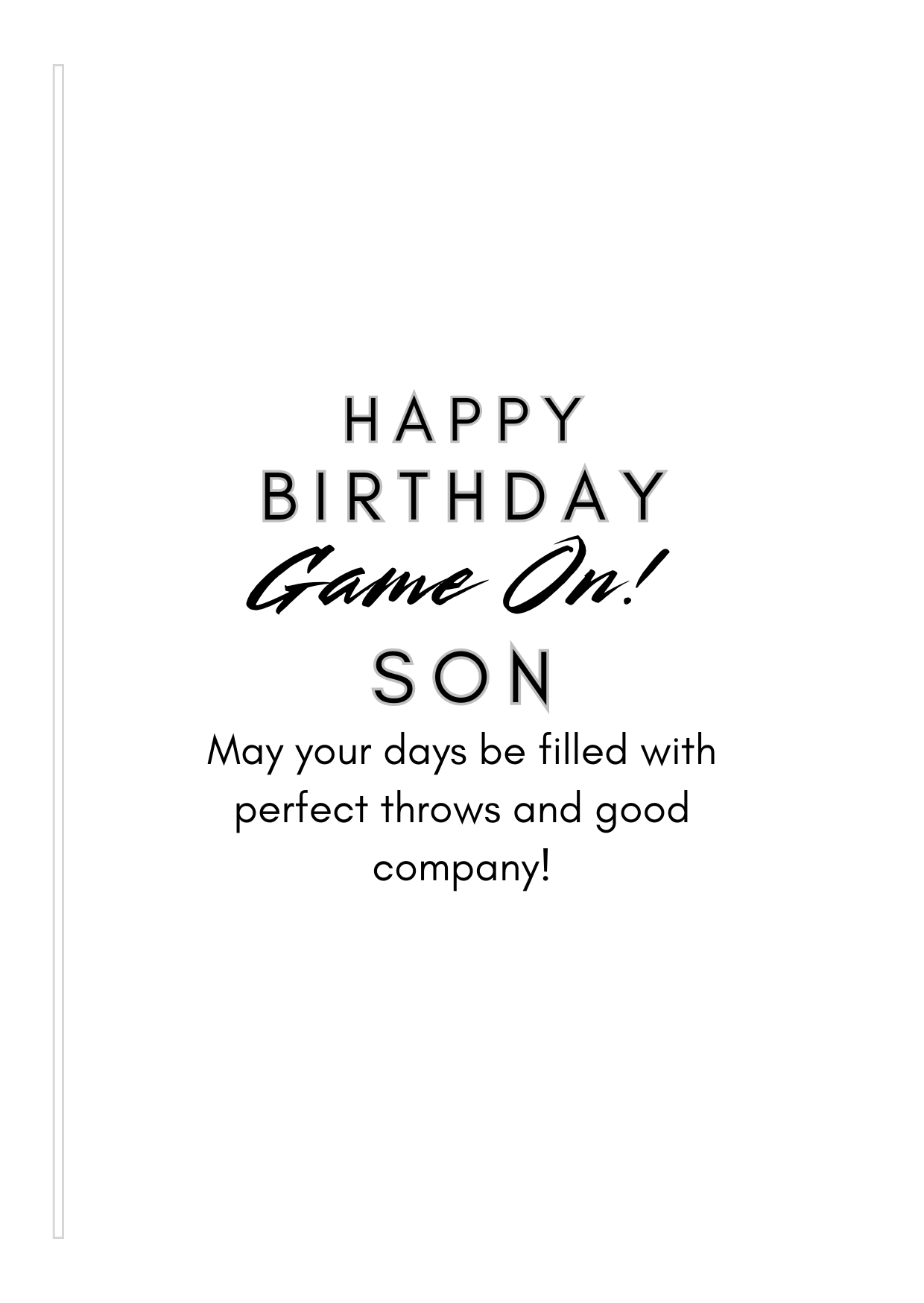 Bare Cards Darts Birthday card Insert Verse with the text "Happy Birthday. Game ON! Son. May your days be filled with perfect throws and good company!" on a white background