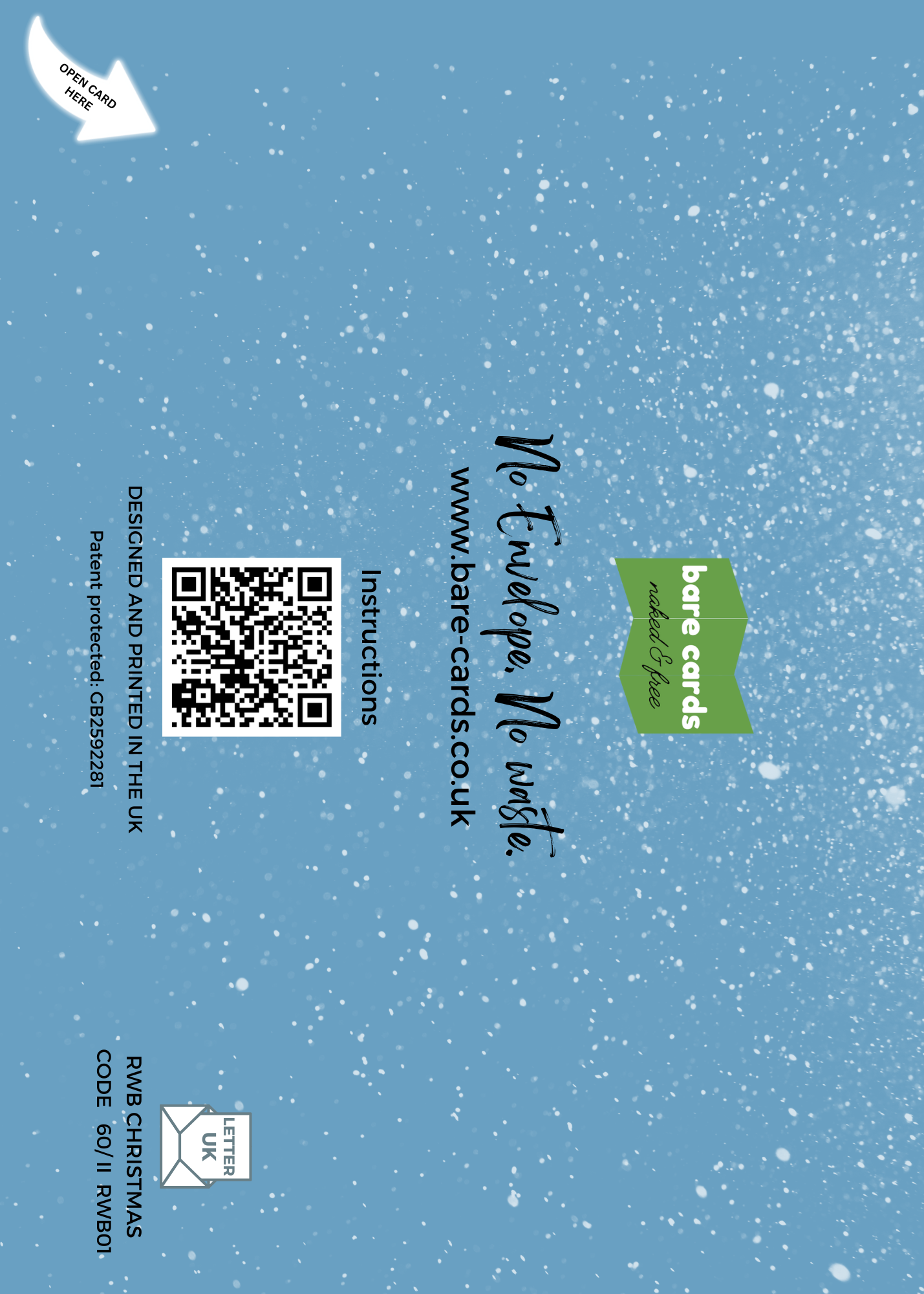 Back of Bare Cards built-in envelope with a QR code and branding on a blue background