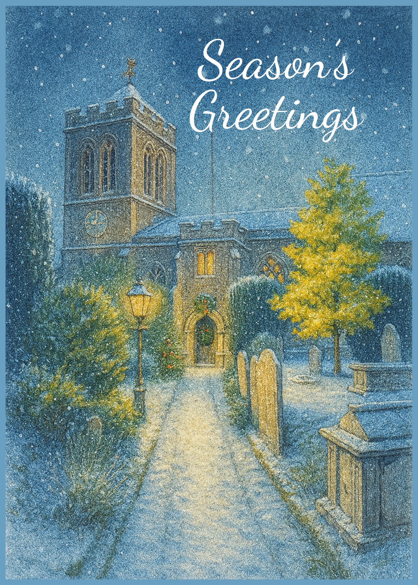 Page 1 of the Bare Cards Trifold Christmas Card for Royal Wootton Bassett showing St. Bartholomew's Church and the words 'Season's Greetings'