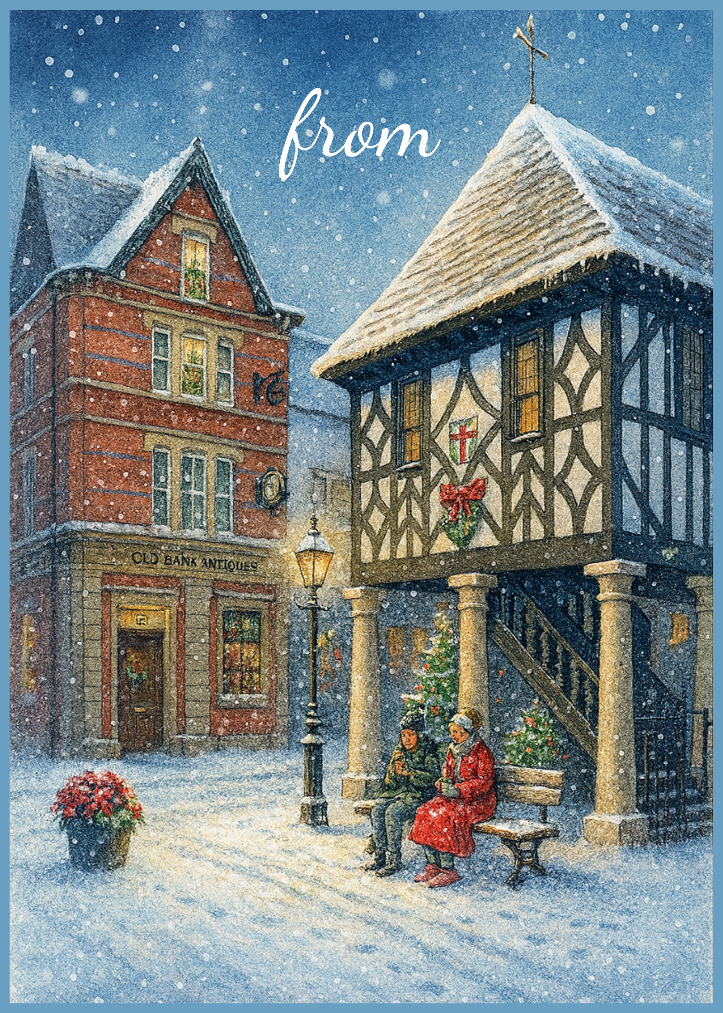 Page 2 of the Bare Cards Trifold Christmas Card for Royal Wootton Bassett showing the town hall, Old Bank Antiques and the word 'from'