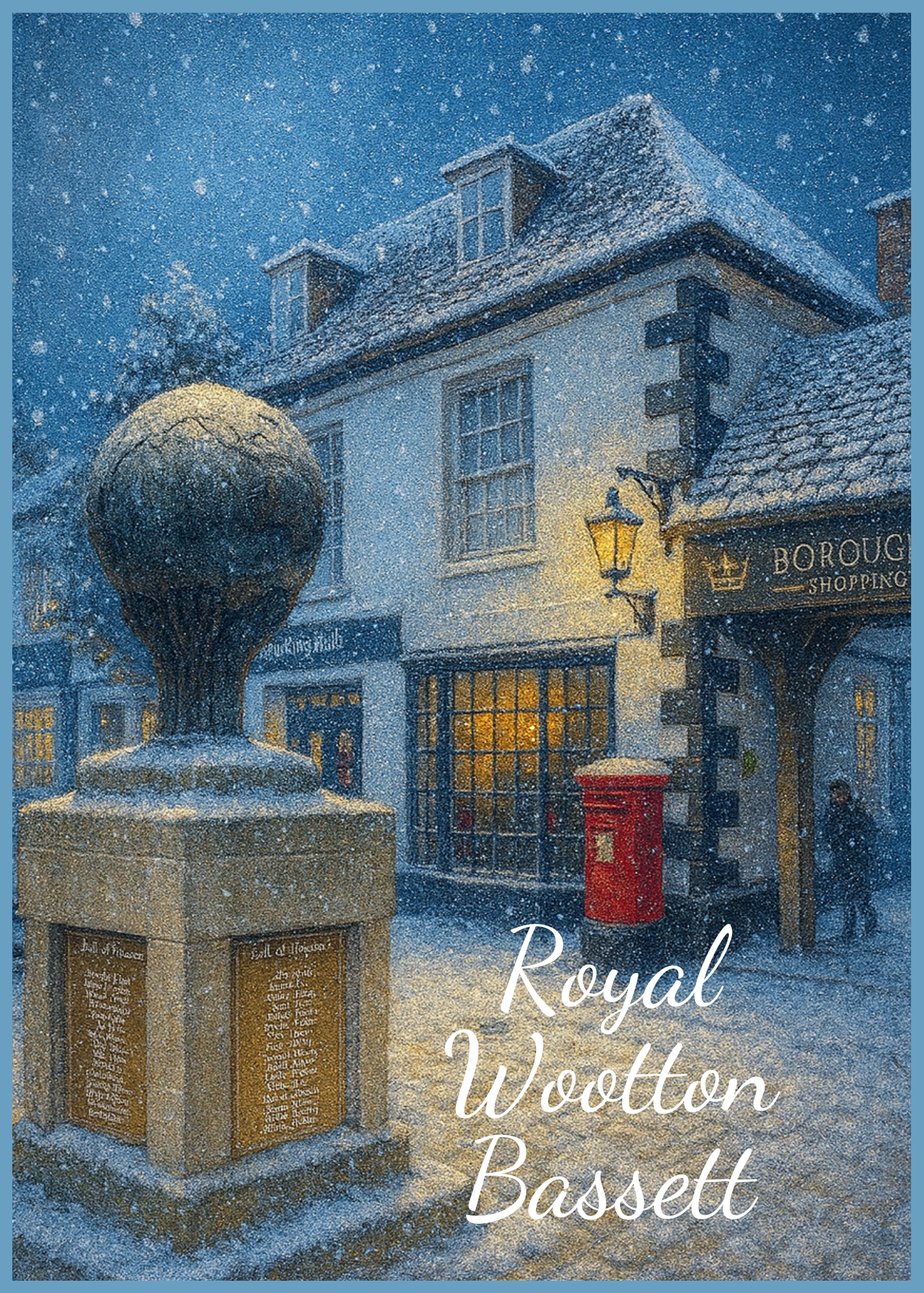Page 3 of the Bare Cards Trifold Christmas Card for Royal Wootton Bassett showing the remembrance memorial and Post Office and the words 'Royal Wootton Bassett'