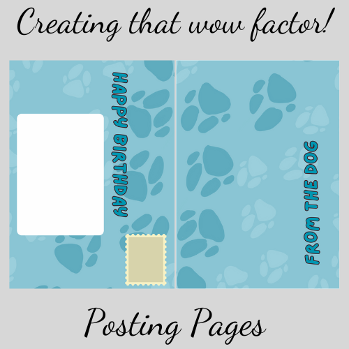 Image shows the self-seal posting pages for the Bare Cards 'From the Dog' range in blue with paw prints and the words 'Happy Birthday from the Dog'. The image is on a grey background with the text 'Creating that WOW factor! Posting Pages'.