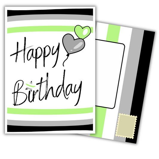 Self-seal Agender Happy Birthday card with green and black design on a white background