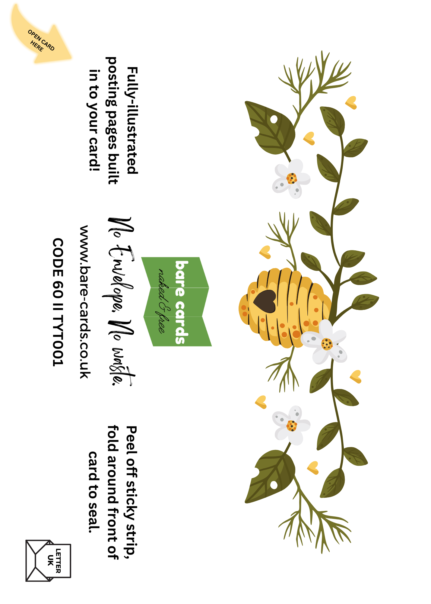 The picture shows the back of the built-in envelope from the Bare Cards thank you teacher card with an image of a beehive with heart opening on a branch of white flowers. There is also the Bare Cards contact information and retail codes.
