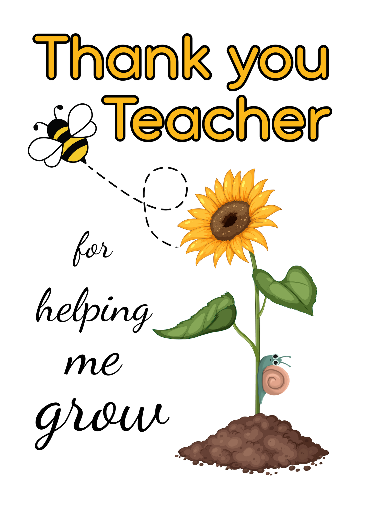 The image shows the front of the Bare Cards Thank you teacher card with images of a sunflower and a bee and the caption "Thank you teacher for helping me grow".
