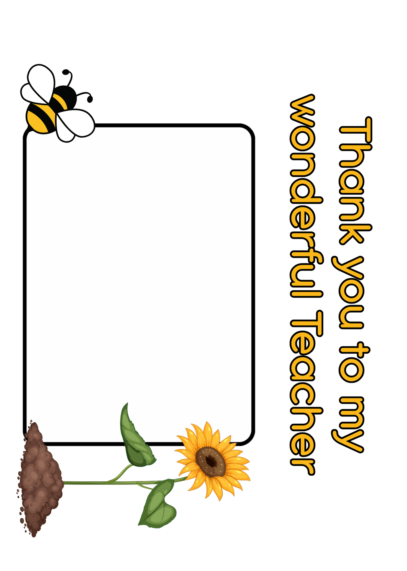 Bare Cards Thank you teacher card. Image shows the front of the built in envelope pages with the caption 'Thank you to my wonderful teacher' on the front with a space to write teacher name and images of a sunflower and a bee.