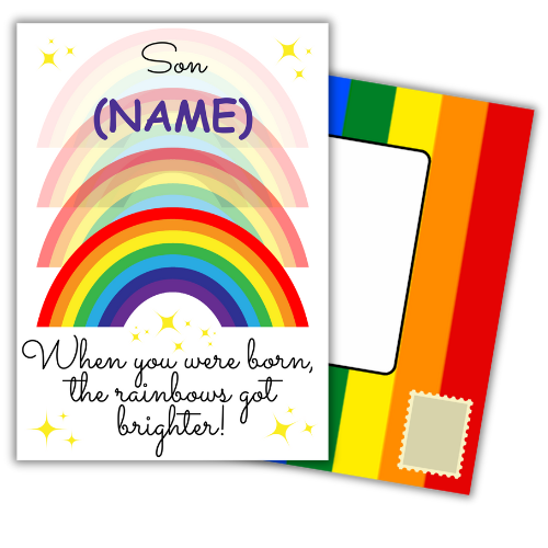 A personalised and colorful birthday card for Son featuring rainbows and the text 'When you were born, the rainbows got brighter!' with a built-in rainbow envelope.