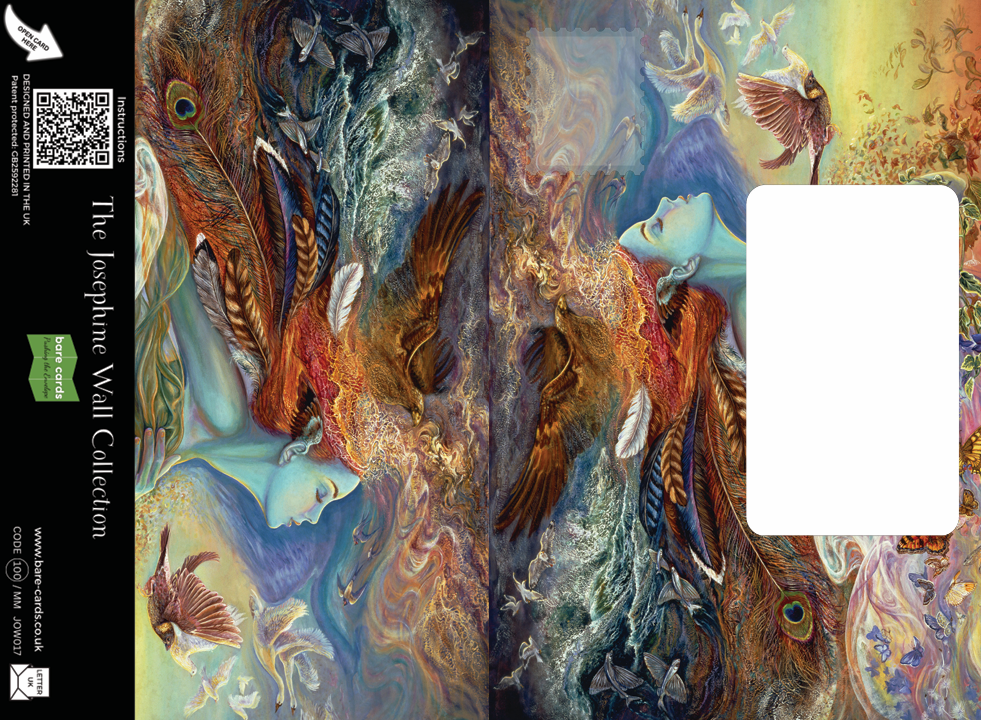 Posting pages of the Bare Cards self-sealing greetings card with Artistic depiction of the spirit of flight, surrounded by fantasy animals and vibrant colors, featuring the Josephine Wall Collection branding.