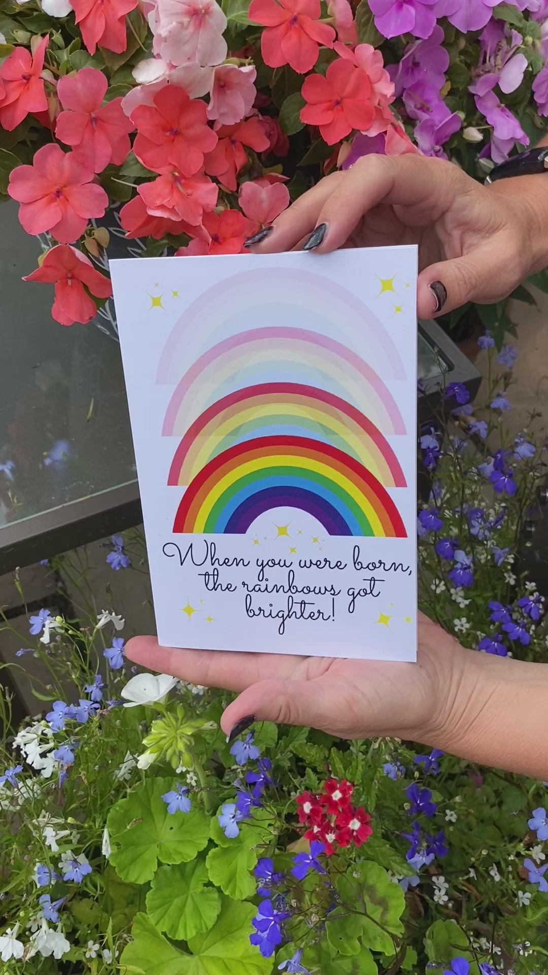 Video shows a demonstration of the LGBTQIA+ Bare Cards Self-sealing birthday card 'When you were born the rainbows got brighter!'