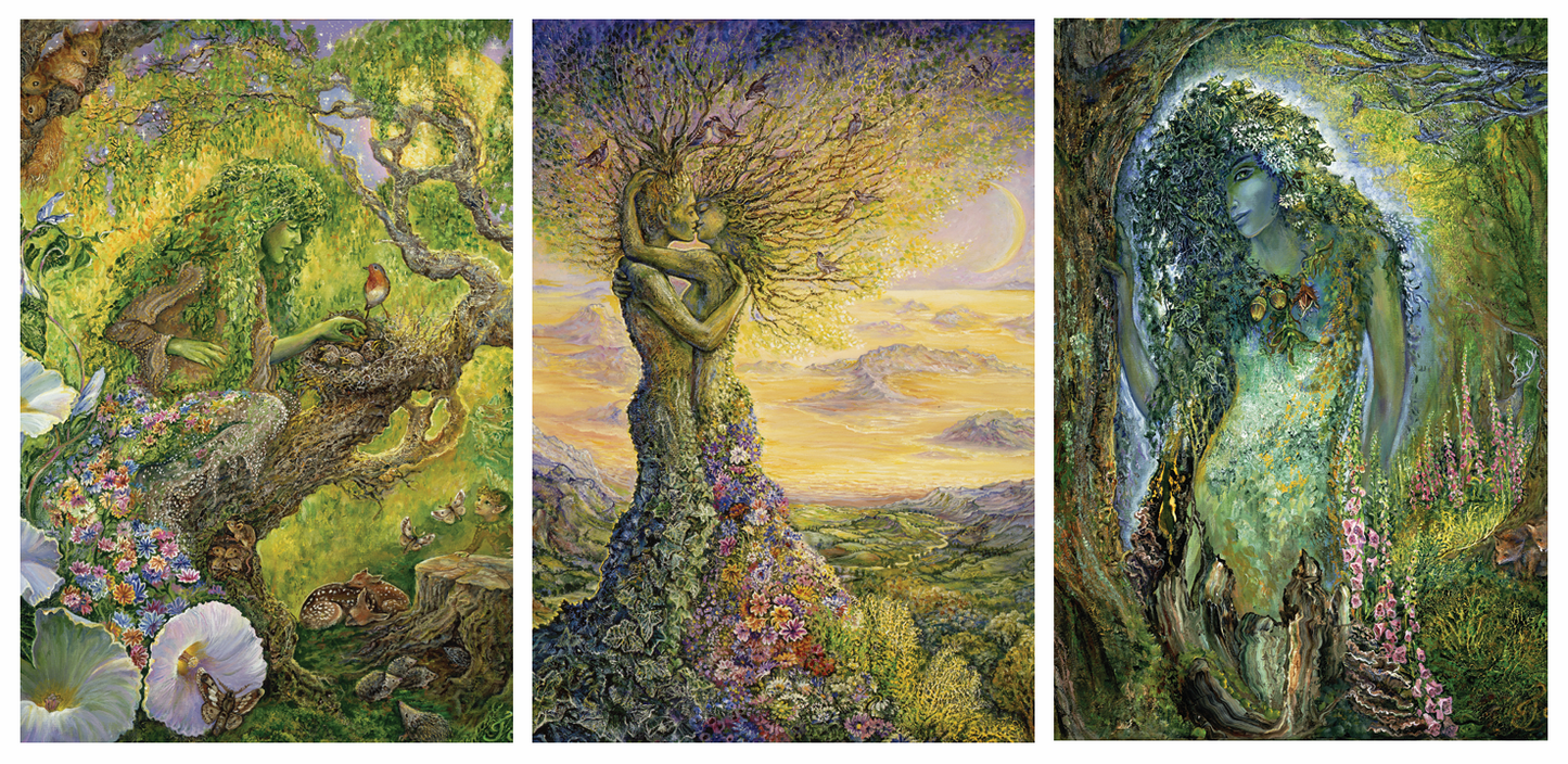 front of sustainable greetings card with Three-panel artwork of a tree-like figure with human-like features in a fantasy landscape.