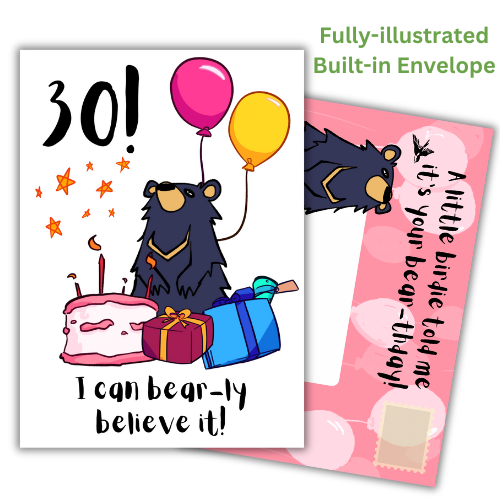 Funny 30th Birthday Card with Moon Bear Design and Bear Jokes