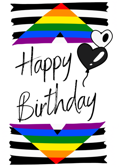 Front of Ally Happy Birthday Card with 'Happy birthday' text and colorful balloons and stripes on a white background