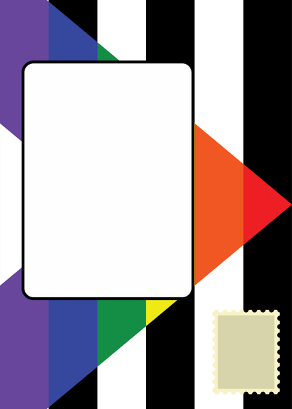 Front of Envelope Panel from Bare Cards Self-sealing LGBTQIA Greetings card featuring the Ally Flag, place to write address and fix stamp.