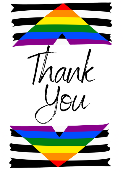 Front of Ally Thank You Card with Rainbow triangle and 'Thank You' text on a white background