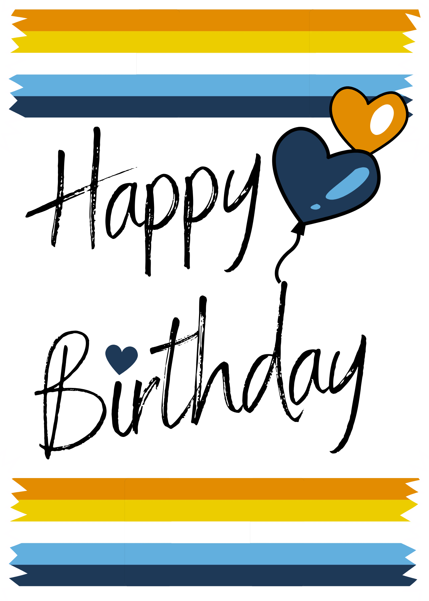 Front of Aroace Happy Birthday Card with 'Happy birthday' text and colorful balloons and stripes on a white background